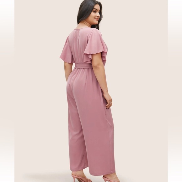 BloomChic Plus Size 6XL Anti-Wrinkle Plain Belted Flutter Sleeve Zipper Jumpsuit - Picture 2 of 7